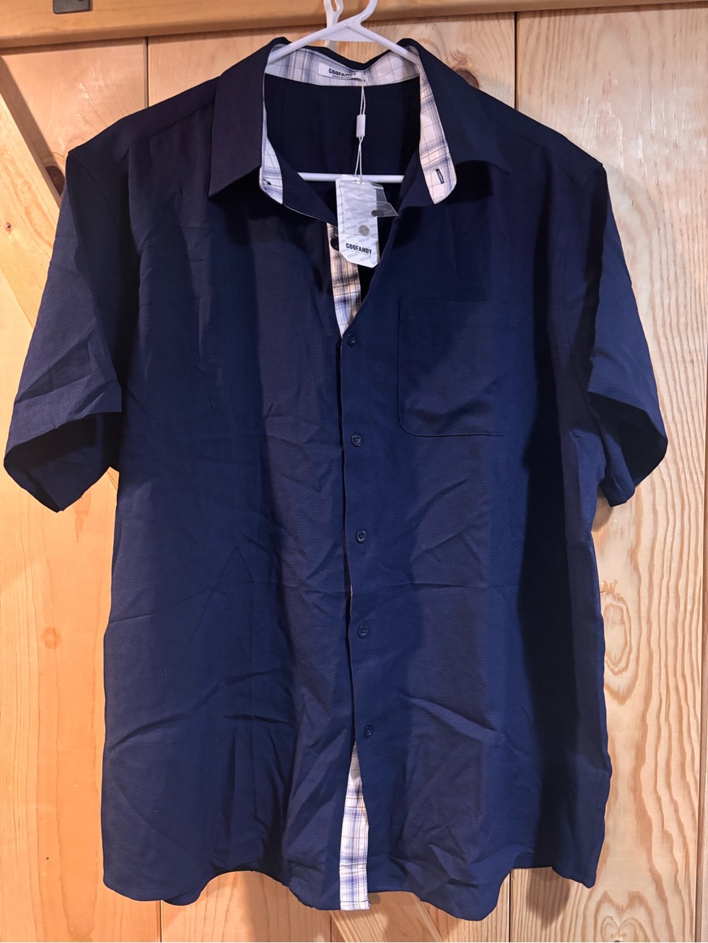 Men's Casual Short Sleeve Navy Button-Down Shirt with Plaid Trim